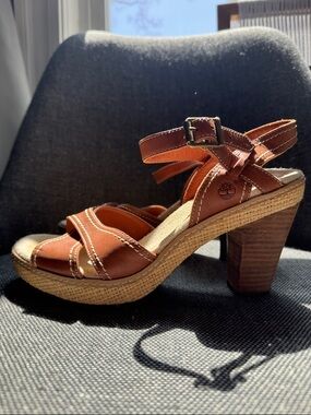 Timberland Cognac Leather Ankle-Strap Block Heel Sandals
